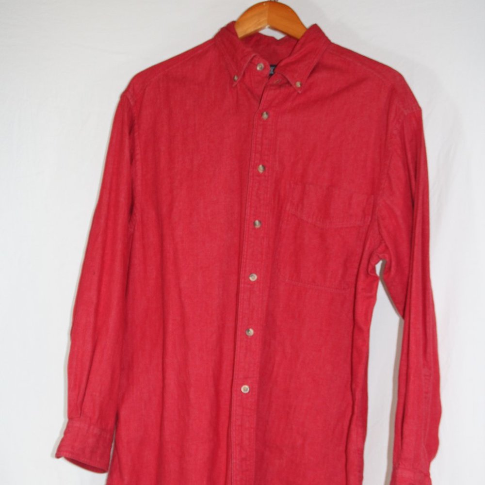 Vintage 90s Lands End Mens Medium Faded Stonewashed Cotton Button Up Shirt